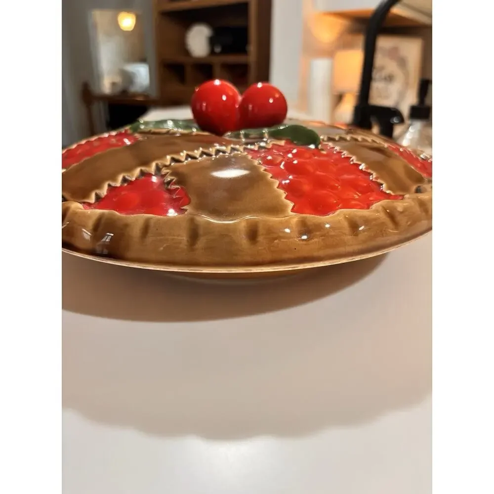 Vintage Ceramic Covered Cherry Pie Lattice Plate and Lid Japan trompe l'oeil 50s